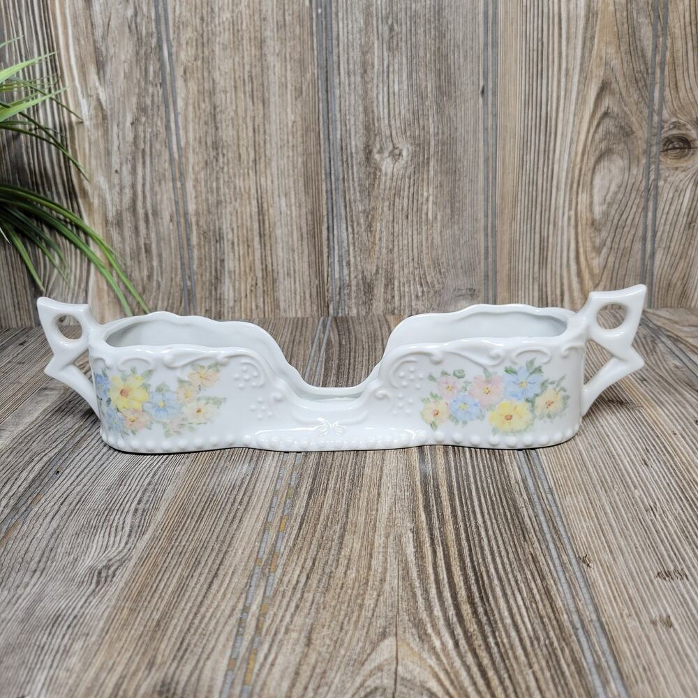 Vintage Spoon Holder, Buffet Silverware Holder, White Double Handle, Floral